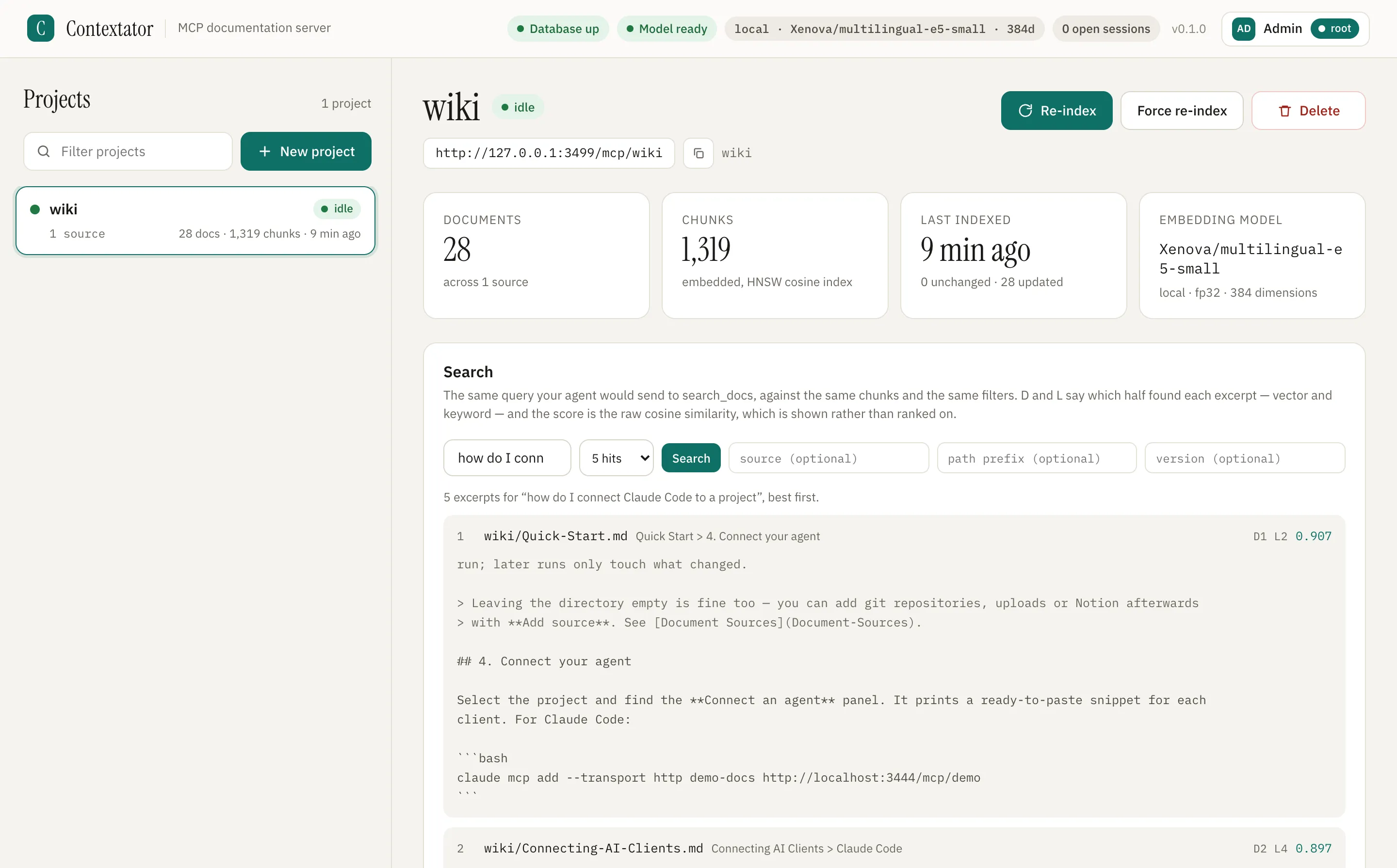 Contextator panosu, wiki projesi: arama paneli “how do I connect Claude Code to a project” sorgusuna sıralanmış alıntılarla cevap veriyor; başta “4. Connect your agent” başlığı altındaki Quick-Start.md var, her alıntıda dosya yolu, başlık breadcrumb’ı, vektör ve sözcük sıraları ile cosine skoru görünüyor.